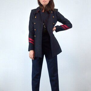 Zara Woman Double Breasted Wool Blend Military Jacket, Red Stripe Peacoat, sz XS